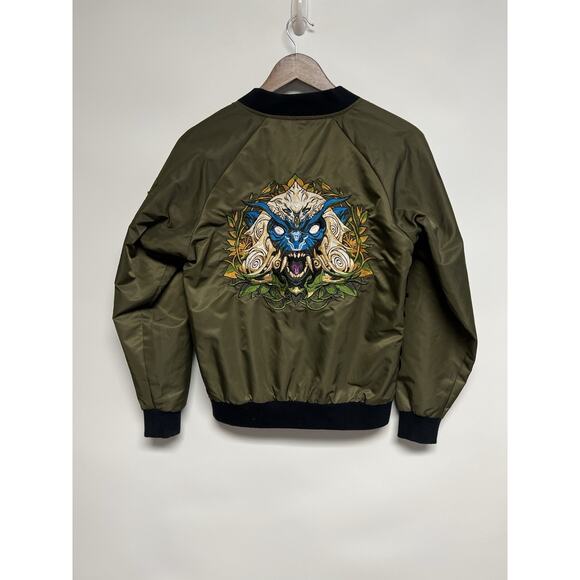 Bibisama Zodiac Monkey Olive Green Bomber Jacket XS-S Embroidered Streetwear - Picture 9 of 16